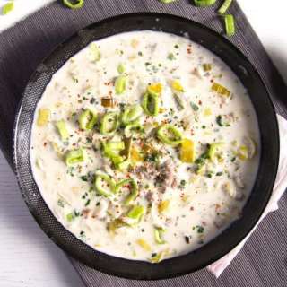 German Cheese and Leek Soup with Ground Pork