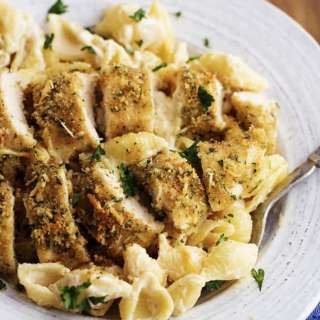 Parmesan Garlic Crusted Chicken with Garlic Alfredo Shells