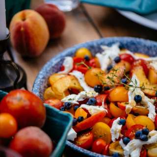 Tomato Peach Caprese with Blueberries