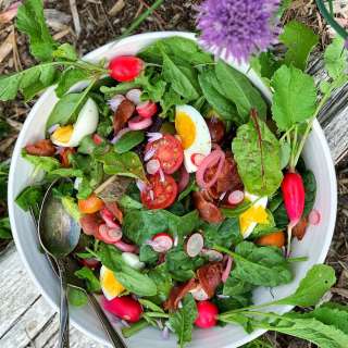 Wilted Mixed Greens with Bacon and Eggs