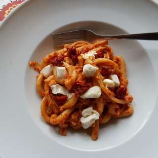 Spaccatelle pasta with Sicilian sun-dried tomato pesto and burrata.