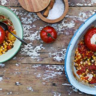 5-Ingredient Baked Eggs in Tomatoes on Roasted Corn and Lentils