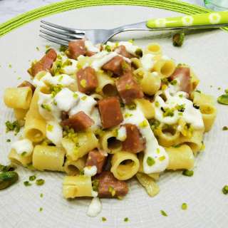 Pasta with mortadella and pistachios and a Parmigiano-Reggiano cream