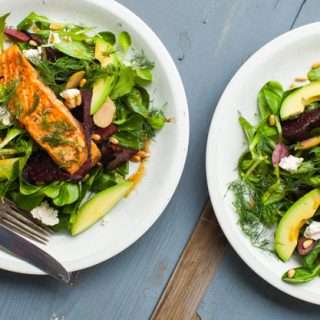 Warm Salmon and Spinach Salad with Roasted Beets, Avocado and Feta