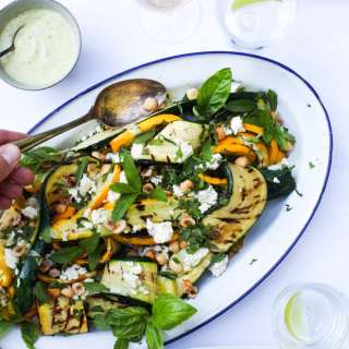 Grilled Zucchini Salad with Hazelnuts and Feta, Yogurt Mint Dressing