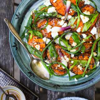 Grilled Green Onion & Sweet Potato Salad with Warm Chèvre