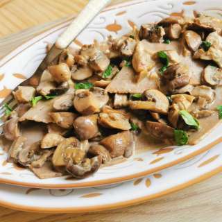 Chestnut maltagliati pasta with creamy mushroom sauce.