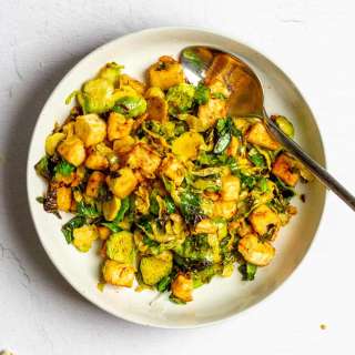 Chili Garlic Tofu with Brussels Sprouts