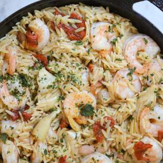 Orzo Pasta with Shrimp, Sun-dried Tomatoes, and Artichokes