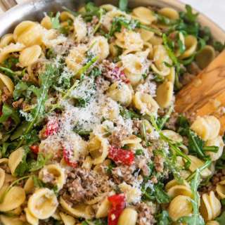 Orecchiette with Sausage, Peppers, and Arugula