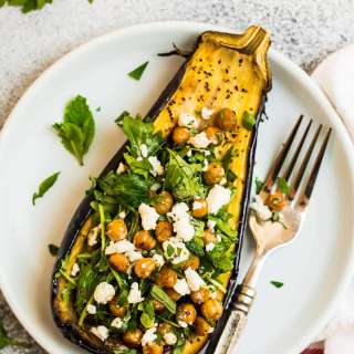 Roasted Eggplant with Crispy Chickpea Arugula Salad