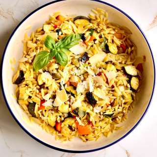 Easy Orzo Pasta with Roasted Vegetables and Parmesan
