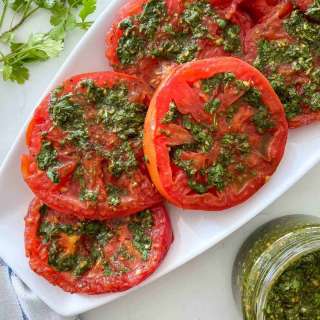 Grilled Tomatoes with Oil Free Chimichurri Sauce