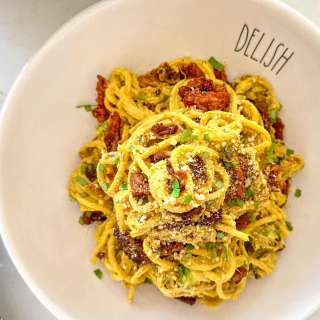 Easy Vegan Carbonara with Soy Curl Pancetta