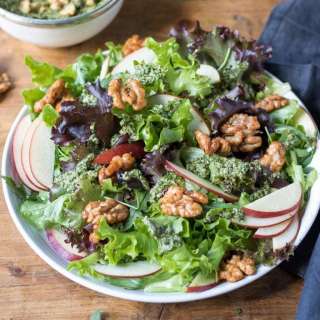 Apple Walnut Salad with Walnut Pesto and Maple Candied Walnuts
