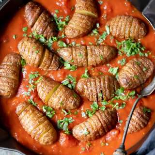 Baby Hasselback Potatoes with Harissa Tomato Sauce