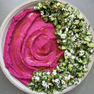 Beetroot Hummus with Feta and Anything-Green Topper