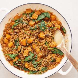 One Pot Wild Mushroom, Squash and Spinach Pilaf