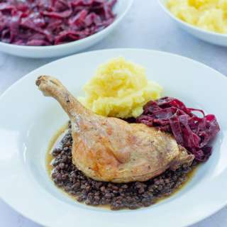 Roast Duck with Lentils, Red Cabbage and Mashed Potato