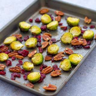 Maple Roasted Sprouts with Cranberries and Pecan Nuts