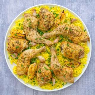 Lemon and Garlic Chicken Traybake with Saffron Rice Pilaf
