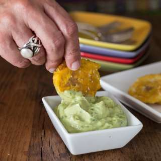 Tostones with Avocado Cream Sauce Recipe Card