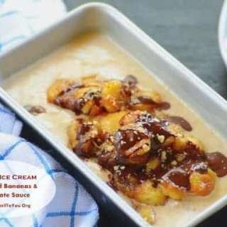 Paçoca Ice Cream with Fried Bananas and Chocolate Sauce