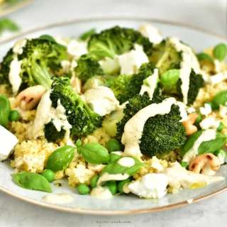 Millet with broccoli, peas and creamy cashew sauce