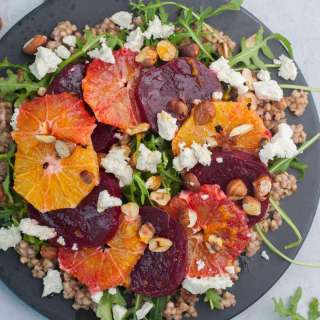Buckwheat salad with roasted beets, orange, arugula, and feta