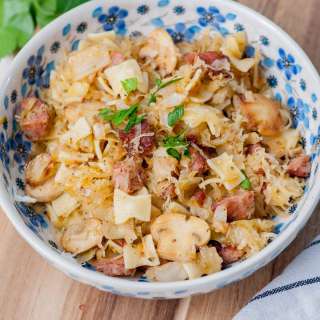 Łazanki - Polish noodles with cabbage, kielbasa, and mushrooms