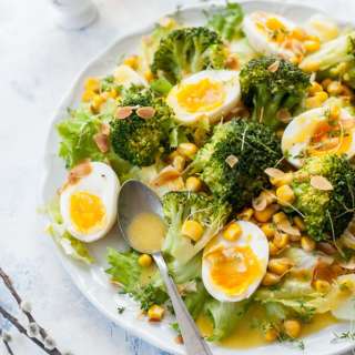 Broccoli egg salad with corn and honey mustard dressing