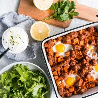 Harissa Sweet Potato Hash with Baked Eggs