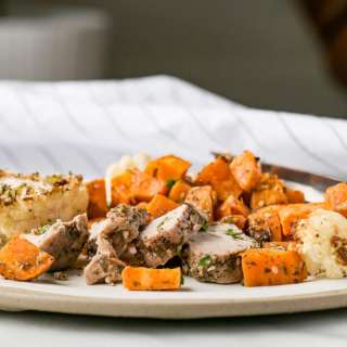 One Pan Za’atar Pork Tenderloin, Sweet Potato, and Cauliflower
