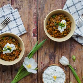 Moroccan Lentil Risotto with Lamb Merguez Sausage and Cucumber Lemon Yogurt