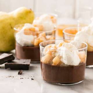 Chocolate Whiskey Pot de Crème with Caramelized Pears