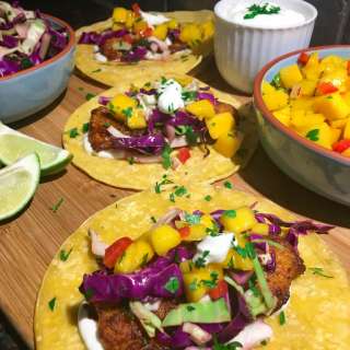 Fish Tacos (Mango Salsa, Cabbage Slaw, Lime Crema)