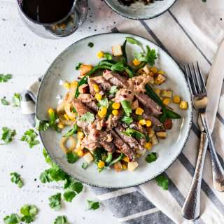 Seared Steak with Corn, Poblano, and Roasted Potatoes
