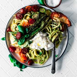 Walnut Pesto Pasta with Roasted Summer Vegetables