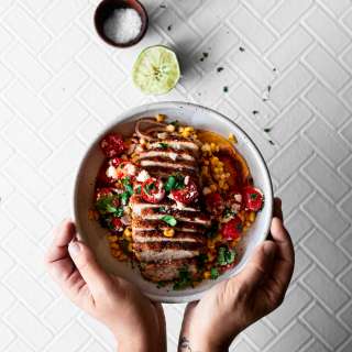 Spiced Fajita Pork and Creamy Mexican Street Corn Dinner Bowls