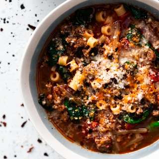 Italian Sausage Soup with Spinach, Pasta, and Caramelized Fennel