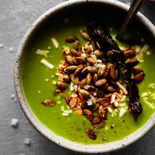 Poblano Zucchini Soup Recipe with Chili Lime Pepitas