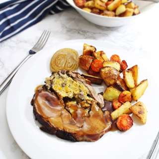 Slow Cooker Roast Shoulder of Lamb with Apricot & Chestnut Stuffing