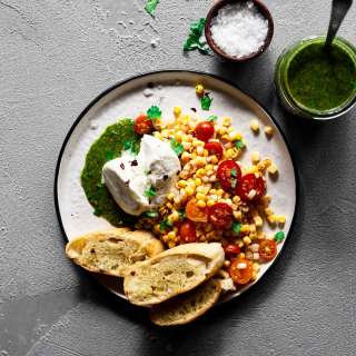 Burrata and Corn Salad with Heirloom Tomato Vinaigrette