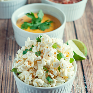 Spicy Cilantro Lime Popcorn with Fresh Salsa and Queso Dips