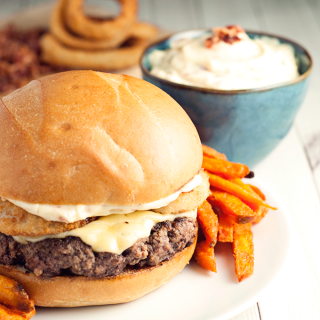 Blackened Pepper Cheeseburgers with Onion Rings and Bacon Aioli