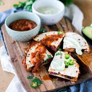 Cheesy Black Bean and Pork Carnitas Quesadillas