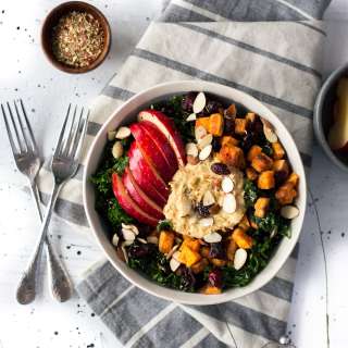 Crispy Crunchy Winter Hummus Bowl with Kale, Sweet Potato, and Apple