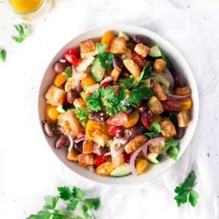 Simple Greek Panzanella with Saganaki (Greek Fried Cheese)