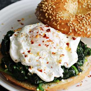 Quick Poached Egg & Garlic Spinach Bagel