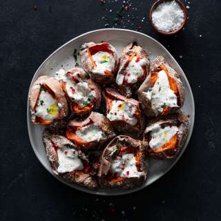 Salt Roasted Sweet Potatoes Recipe with Chili Mint Yogurt Sauce